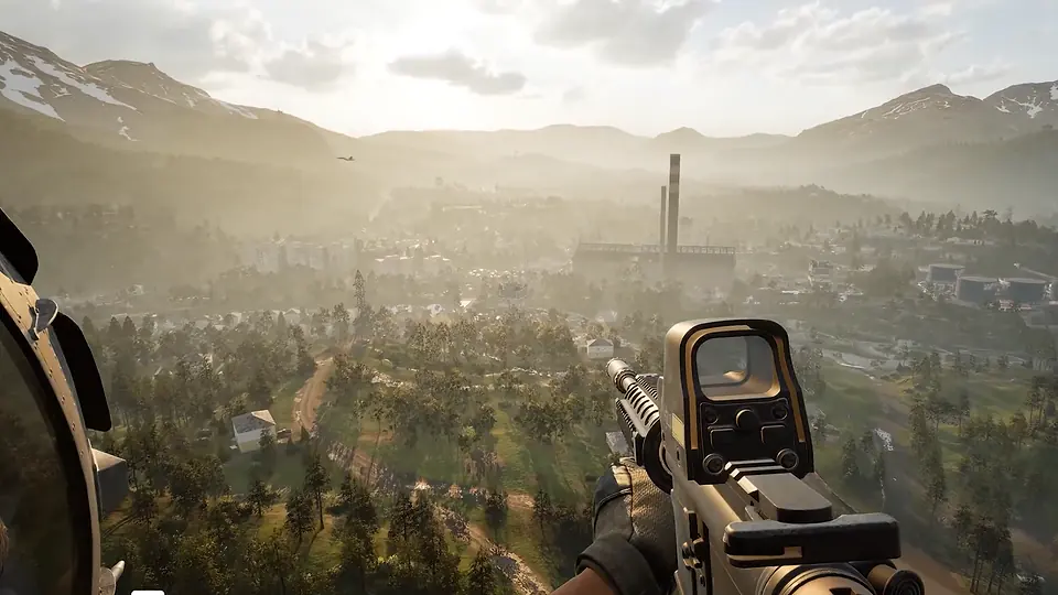 First-person WARDOGS view overlooking the wide industrial mountain battlefield