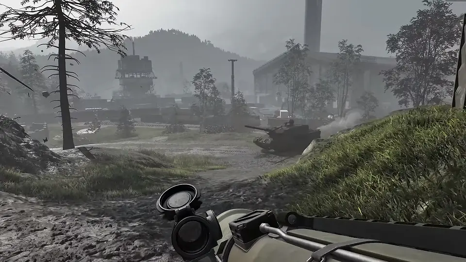 First-person WARDOGS view across a muddy road toward a contested village
